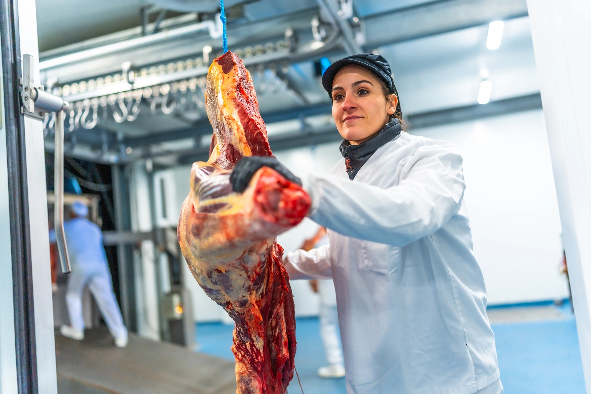 Mitarbeiterin trägt Fleisch vom Lieferwagen ins Lager