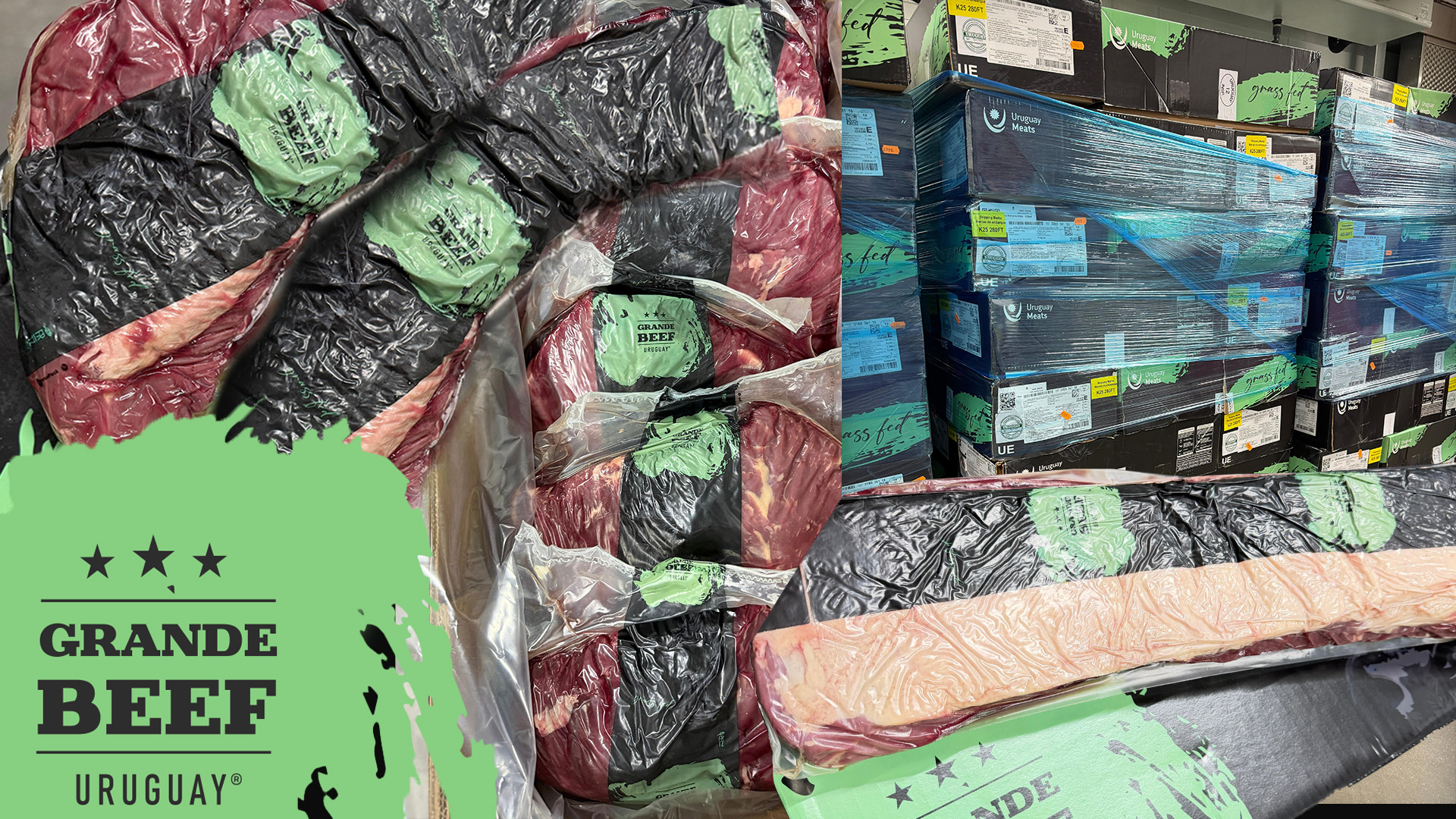 Vakuumverpackte Grande Beef Rindfleischstücke aus Uruguay sowie gestapelte und folierte Fleischkartons im Kühlhaus. Im Vordergrund ist das grüne Grande Beef Uruguay Logo zu sehen.